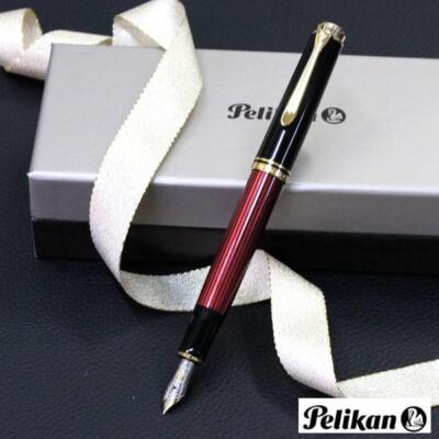 Pelikan Souveran M600 Fountain Pen Bordeaux Nib M Red Black Striped Pattern NEW