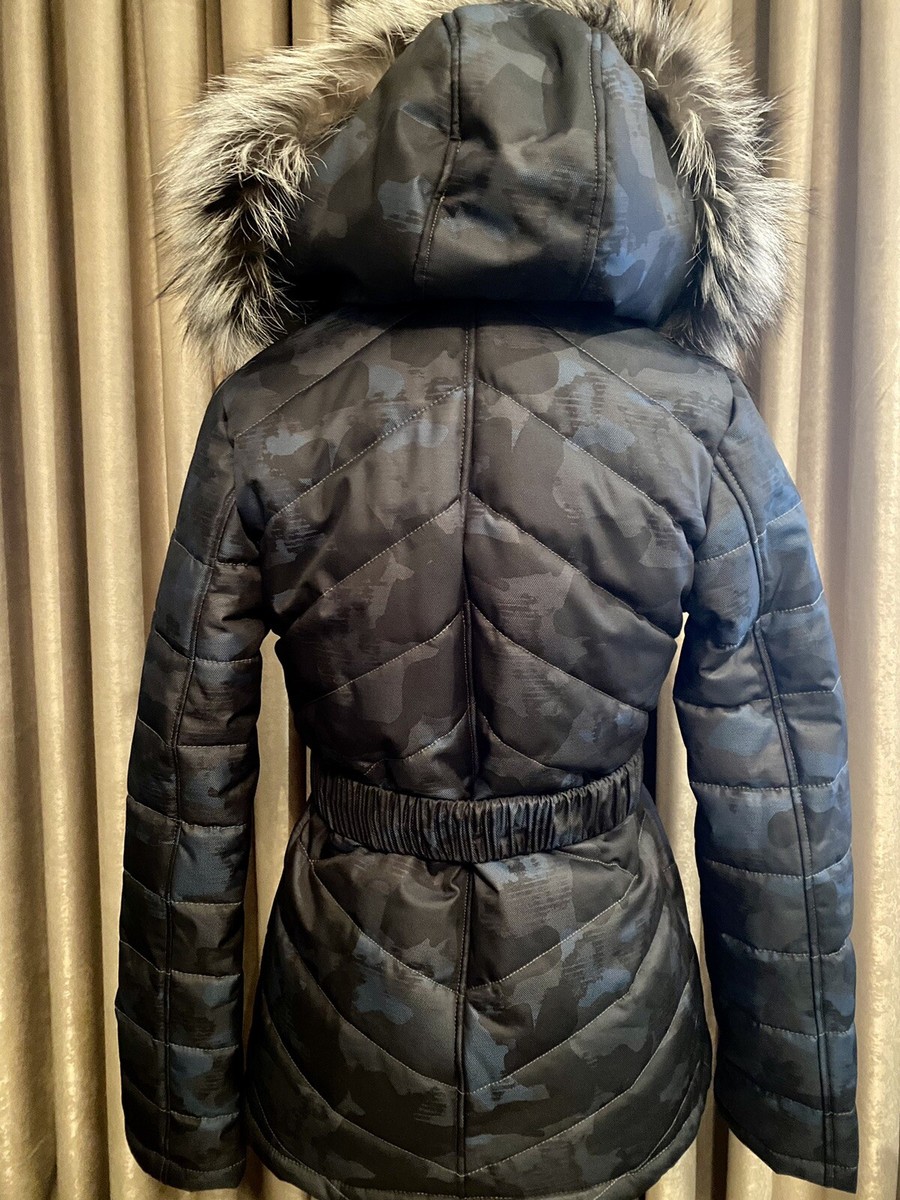 NEW Puffer Jacket Camouflage Fox Fur Hood S Faux Down Blue Gray