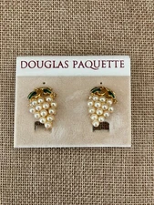 Douglas Paquette Enamel Faux Pearl & Rhinestone Grape Cluster Clip on Earrings