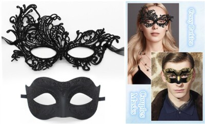 SN-A2-3 Couples Venetian Fairy Pixie Masquerade Halloween Masks Black