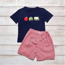 NEW Boutique Back to School Embroidered Apple Bus Boys Shorts Outfit Set