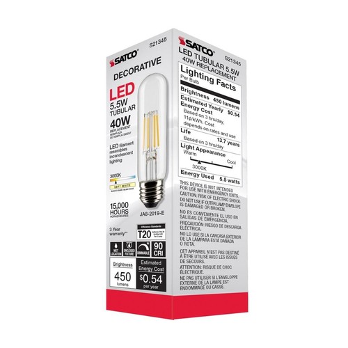 6 Pk Satco S21345 5.5W Vintage Edison Dimmable LED Bulb 450L 3000K Clear Bulbs - Picture 2 of 4