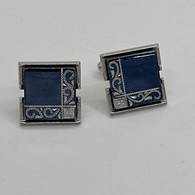 Vintage Cufflinks, 1980s, Black, Silver Scroll Design, Silver Back, Cuff Links