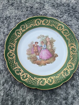 Vintage Limoges Teller 10 cm grün gold schönes Bild Top Zustand (9)