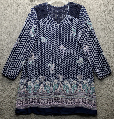 DR2 Shift Dress Women L Multi Paisley Lined Crochet Shoulder V-Neck Pleated Back