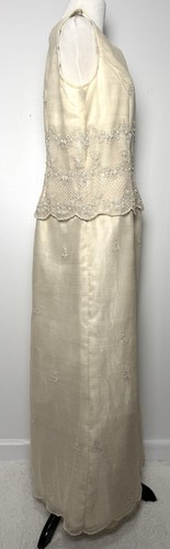 Vtg 80s Silk Organza Bridal Gown Sz M Pearl Embroidered Puff Sleeve Fairytale - Picture 16 of 23