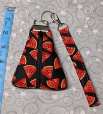 Handmade Zipper Triangle Keychain Coin Purse Wristlet Black W/ Watermelon Print