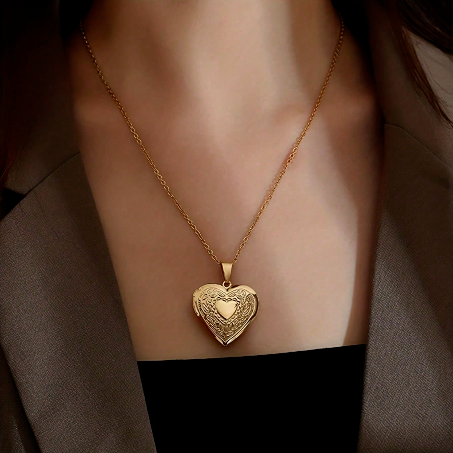 Womens Locket Necklaces Heart Pendant 18K Gold Plated Stainless Steel Chain New