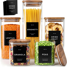 Glass Pantry Storage Jars Containers with Acacia Lids and Labels - Set of 5 Ex