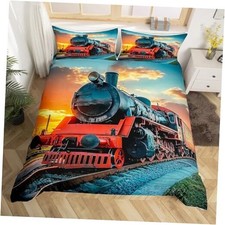 Train Comforter Cover for Girls Boys,Retro Vehicles Bedding Set Queen Multi 21