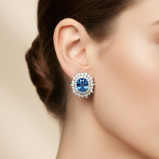 Glittering Vivid Blue Sapphire 15.15Ct 925 Sterling Silver White Gold Earrings