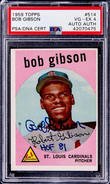 1959 Topps #514 Bob Gibson signiert beschriftet "HOF 81" Rookie Karte RC PSA 4 AUTO