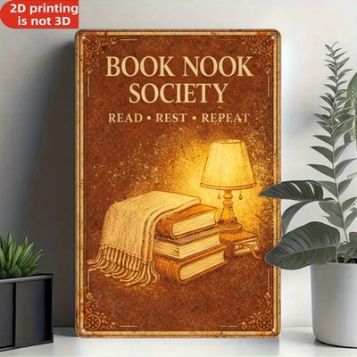 Tin Metal Signs Home Décor Vintage Book Nook Wall Rust-Colored Stack of Books wi