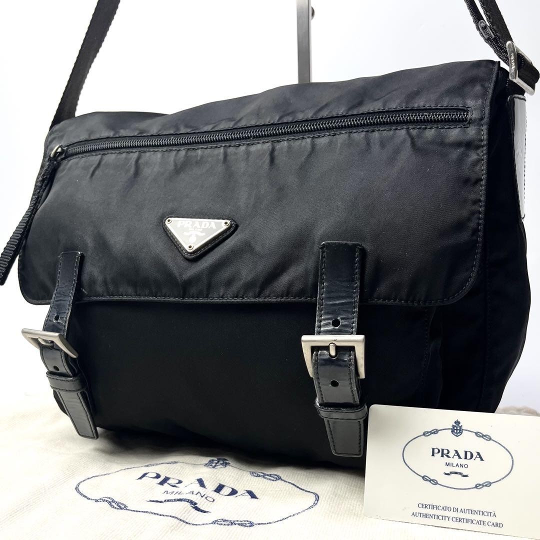 Prada Triangle Logo Nylon Messenger Bag Black Leather Vintage Unisex