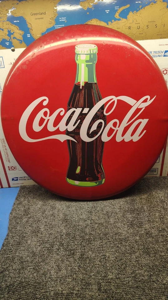 "Letrero de botón de hojalata redondo COCA COLA 1992 20"" RARO Y ORIGINAL". ¡Ver VIDEO!! Foto 3 de 4