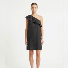 J. Crew Dress Womens M Black Linen One Shoulder Ruffle Asymmetric Mini Midi NWT