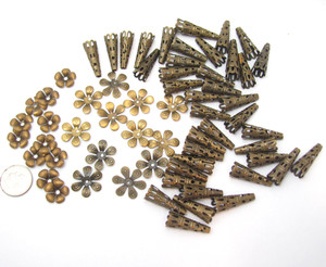 65PC Lot Antiqued Brass Bead Caps Petal and Cone Shapes Craft Jewelry Supply