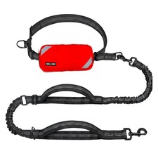 Hands Free Dog Leash Waterproof Pouch Bungee Dual Padded Handles Running Red