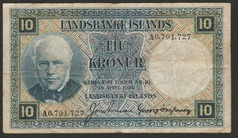 1928 ICELAND 10 KRONUR NOTE