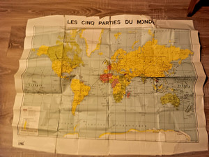 Vintage French World Map, Les Cinq Parties Du Monde, Pre-War, Editions IAC