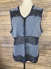 Fred Thomas Large Suede Leather Crocheted Vest Blue Boho Festival