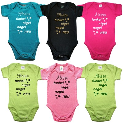 Lustiger Bodie Baby Body Babybody mit Spruch Funkelnigelnagelneu Personalisiert