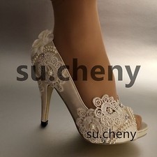 su.cheny 3  4  heel white ivory silk lace open toe pearls Wedding Bridal shoes