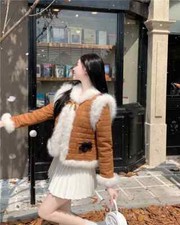 Piumino Parka Giacca Donna Sintetico Pelliccia Marrone Corto Cappuccio 42880