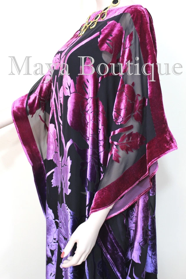 Vestido Caftán Kimono Seda Burnout Terciopelo MAYA Teñido Vitral Orquídea y Púrpura Foto 3 de 4