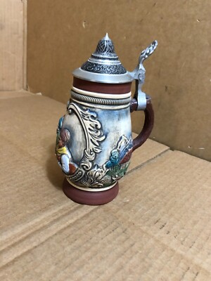 Vintage LIDDED BEER STEIN Lady Writing While Gent Smokes Big Pipe! WEST GERMANY