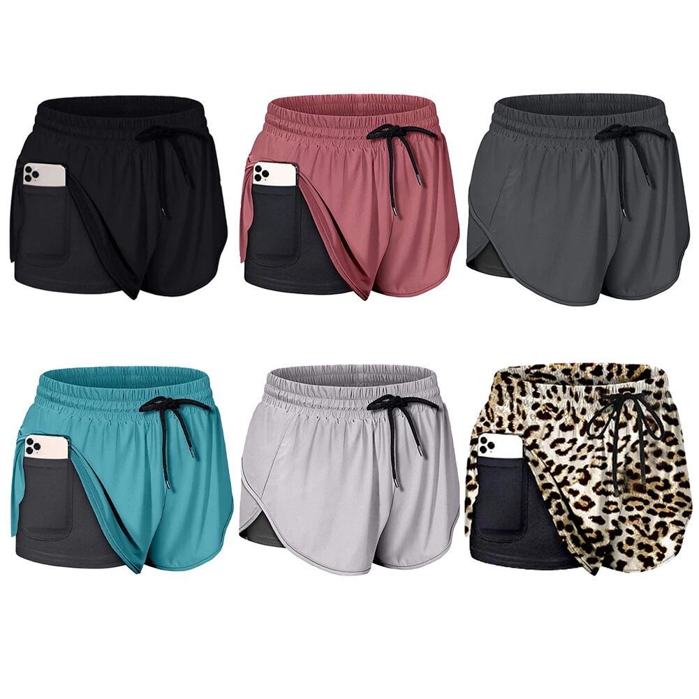 Women Summer Sports Drawstring Shorts W Pocket Athletic Workout Gym Shorts S 2XL