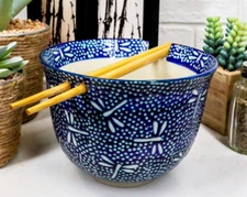 Ming Style Tombo Dragonfly Ramen Noodles 5"D Soup Rice Bowl With Chopsticks Set
