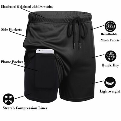Männer 2 in 1 Sports Shorts Quick Dry Kurz Athletic Workout mit Telefontaschen