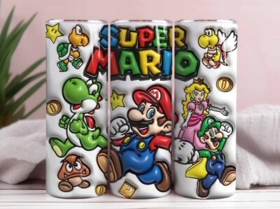 3D INFLATED SUPER MARIO BROS CART 20 OZ STAINLESS STEEL TUMBLER CUP +LID & STRAW