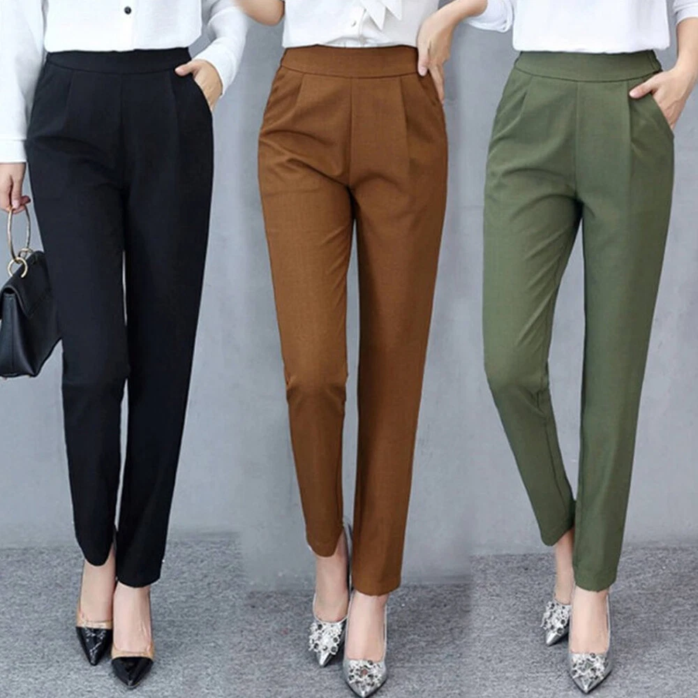 Women High Waist Cigarette Pants Office Work Casual Tapered Long Slim  Trousers