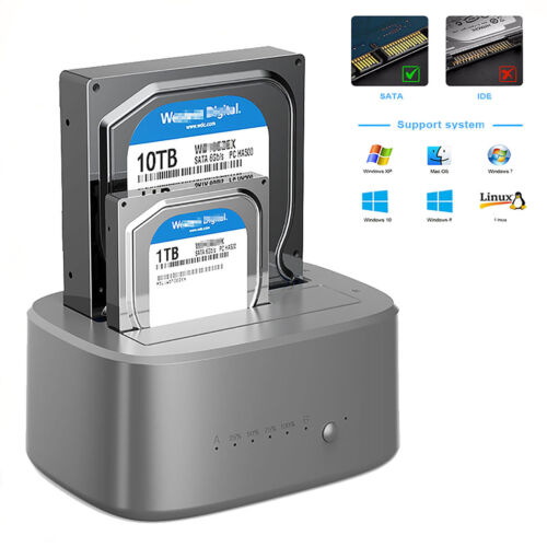 Dual 2.5" 3.5" USB 3.0 SATA SSD HDD Clone Docking Station Hard Drive Card Reader - Afbeelding 1 van 12