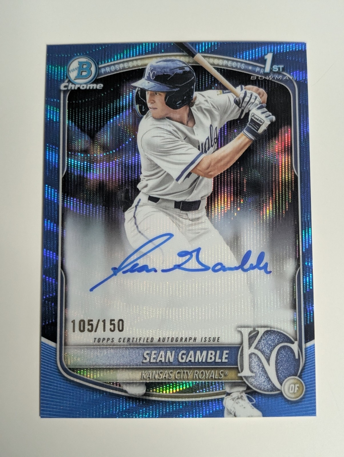 Sean Gamble 2025 Bowman Draft Chrome 1st Blue Wave Refractor Auto /150 Royals
