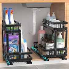 Double Sliding Under Sink Organizer and Storage 2 Pack, 2 Tier Pull Out Cabin...