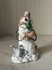 Midwest Of Cannon Falls Winter Gardening Snowman Flocked Folk Art EUC 4”