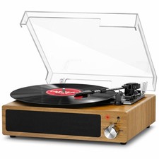 Record Player, FYDEE Vinyl Player with Built-in Speakers, Natural Wood 