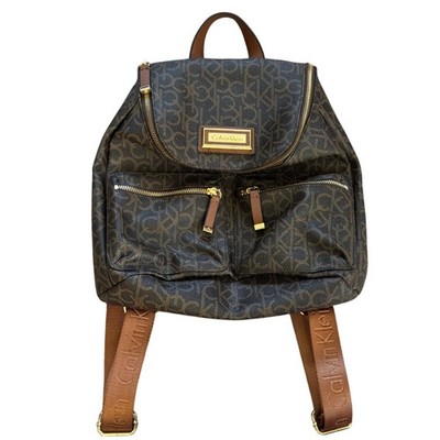 Calvin Klein Monogram Logo Faux Leather Backpack Brown Gold Chic Designer