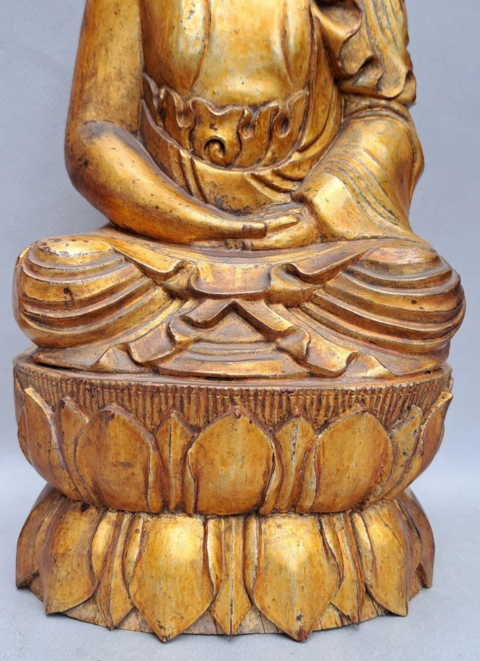 AUTHENTIQUE STATUE DE BOUDDHA EN BOIS DORE POLYCHROME / CHINE / VIETNAM / XIXE - Photo 3/4