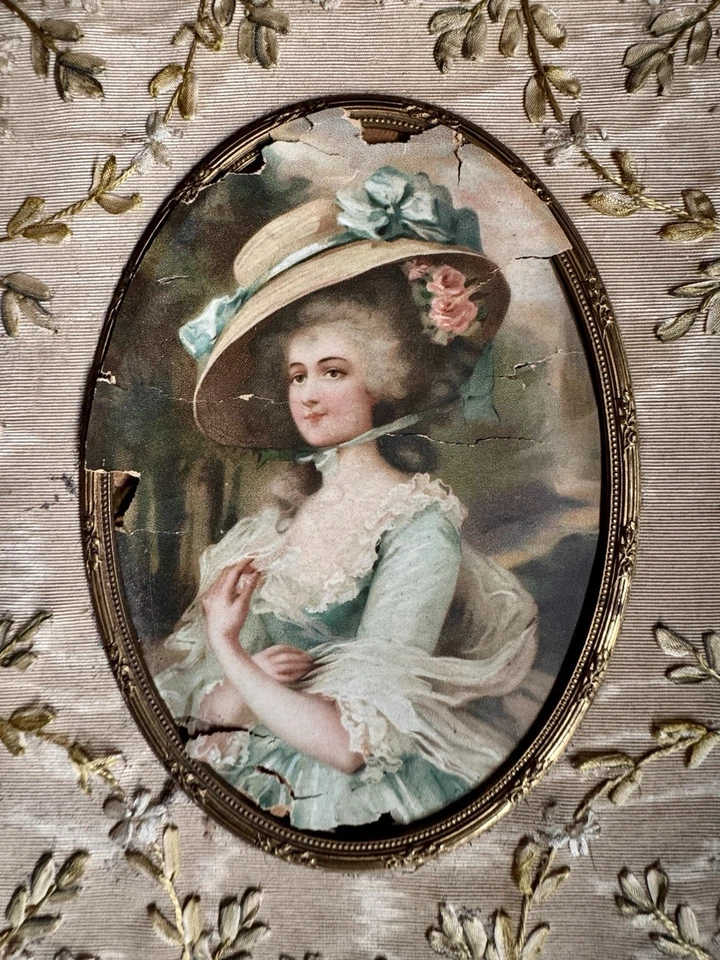 "Antigua pintura de acuarela francesa en marco de metal dorado ornamentado 9,5"" x 8""" Foto 2 de 4