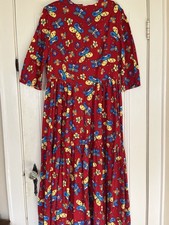 Vintage Dress Teacher Womens L Red Floral Maxi 3/4 Sleeve Butterflies Pleated 