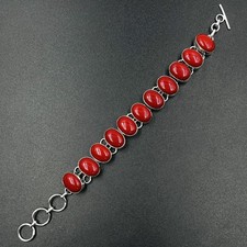 925 Sterling Silver Natural Red Coral Gemstone Handmade Jewelry Chain Bracelet