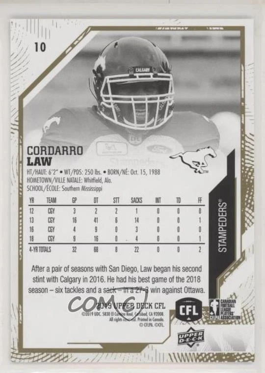 2019 Upper Deck CFL Gold /50 Cordarro Law #10 - Image 2 of 2