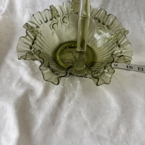 fenton art glass Easter Candy Basket Avacado Green Ruffled Rose Pattern 1970’s
