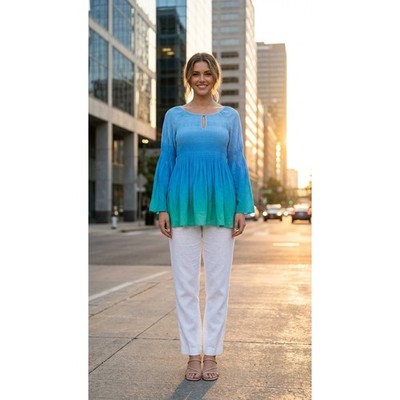 Women's Spense Blue Green Ombre Flowy Boho Smocked V-neck Blouse Top Size XL