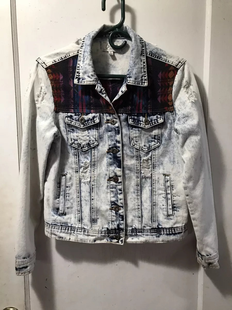 CHi Qle Denim Architect Jean Jacket Size S Factory Destroyed w Tribal Fabric