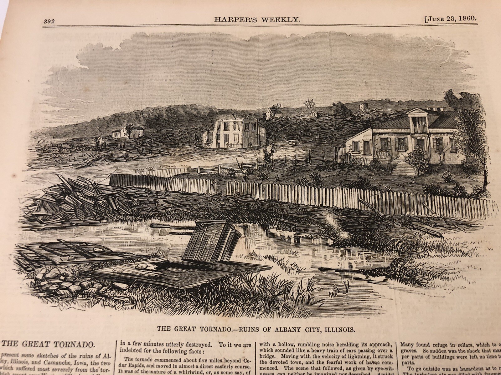 1860 Harpers Antique Print The Tornado Destruction At Camanche Iowa
